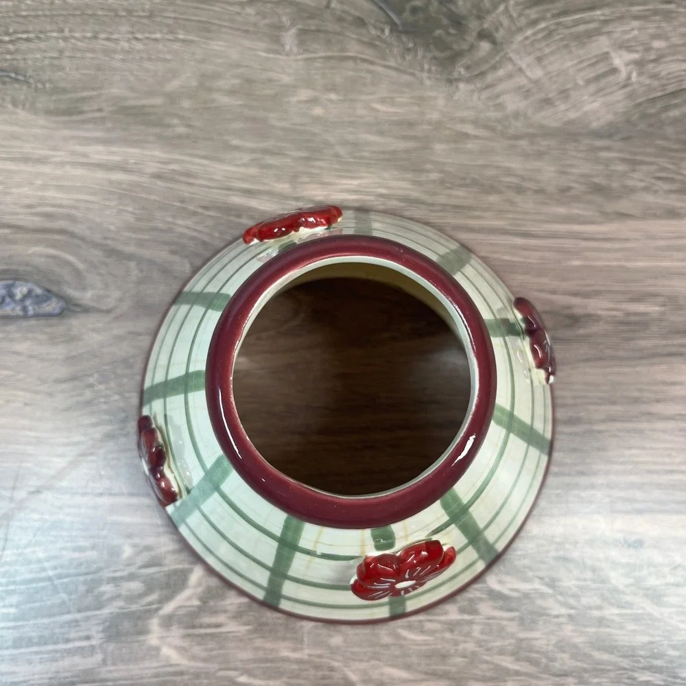 Ceramic Candle Topper Shade Gingham Garden Red Raised Flowers